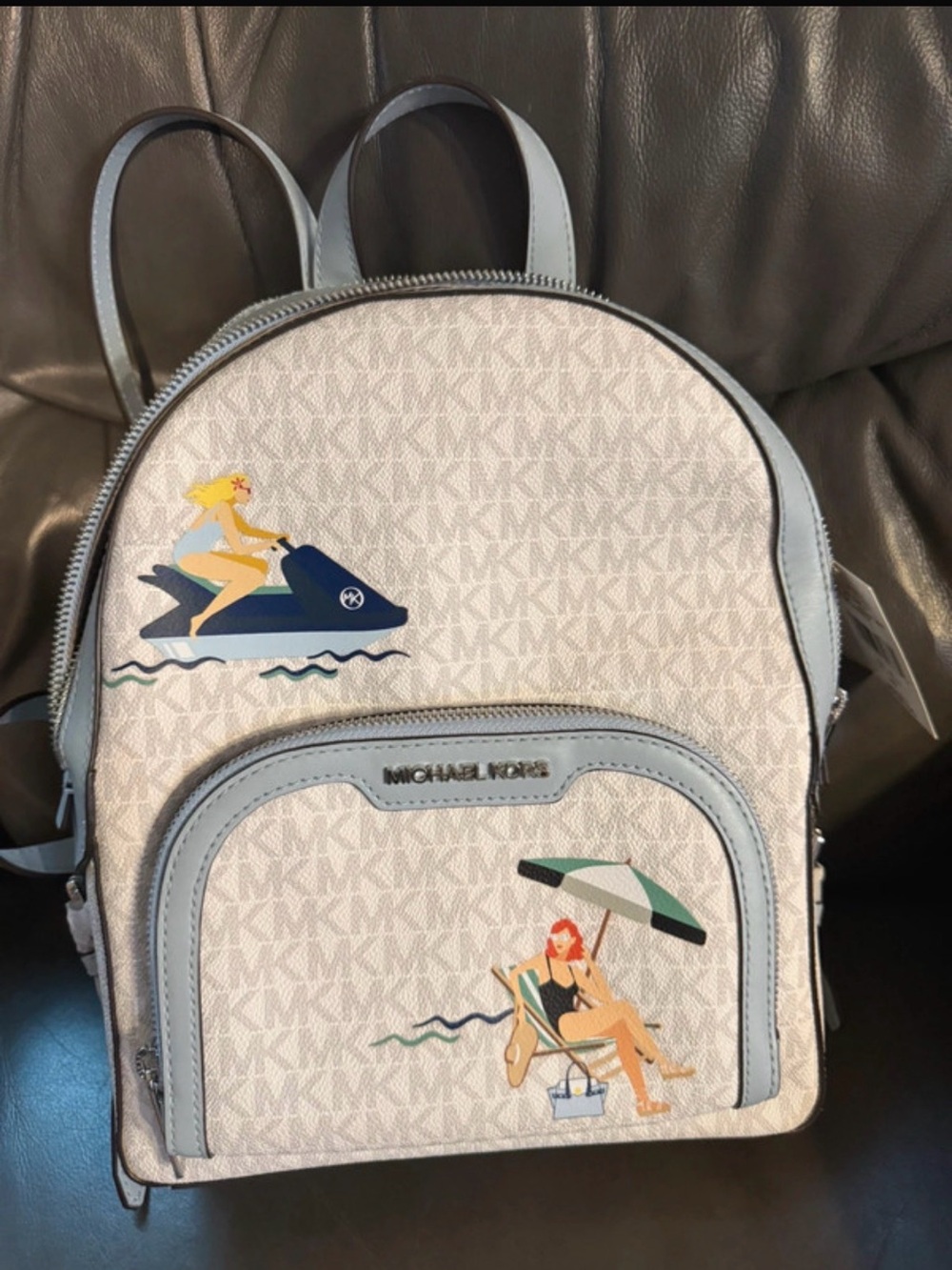 Michael Kors Light Blue & White Mini Logo Backpack with Beach Motif